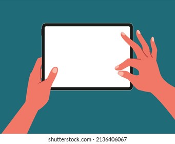 Top view of hands using and zoom in a blank tablet for social media, working, content creator, study gaming or lecture flat vector illustration on white screen. Working on blank space tablet.