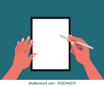 Vista superior de las manos escribiendo, dibujando, pintando sobre tableta en blanco con lápiz de lápiz de lápiz para pintura digital, diseño gráfico o ilustración vectorial plana de conferencia. Trabajar en tableta de espacio en blanco.