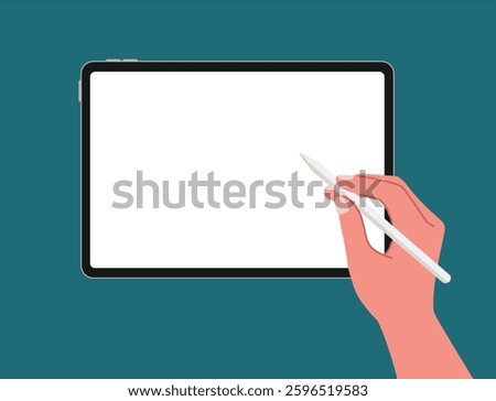 Top view of hands writing, drawing, painting on blank tablet with stylus pen for digital painting, graphic design, working or lecture flat vector illustration.