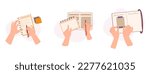 Top View Of Hands Writing Or Making Notes On Paper Notebook Or Diary. Character Write Educational Materials in Office or Conferences, Business Concept. Cartoon Vector Illustration, Icons