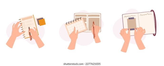 Top View Of Hands Writing Or Making Notes On Paper Notebook Or Diary. Character Write Educational Materials in Office or Conferences, Business Concept. Cartoon Vector Illustration, Icons