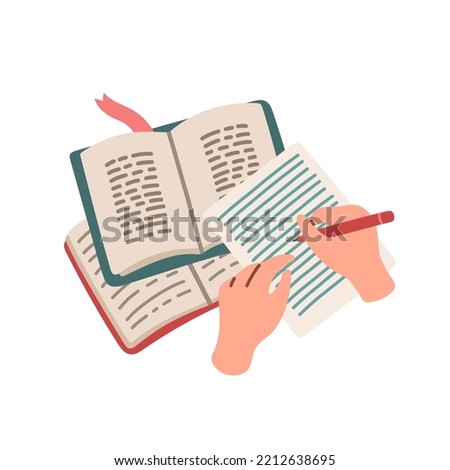 Top view of hands are writing in a notebook at the table with opened books. Studying, doing homework. Flat design vector