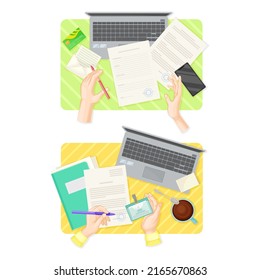 Top view of hands writing on paper documents and working with laptop computer set vector illustration