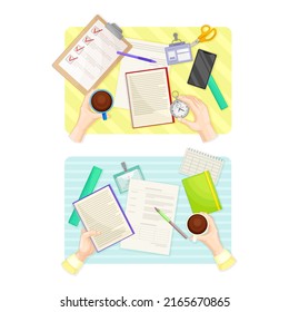 Top view of hands writing on paper documents set vector illustration