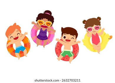 Top view of happy children floating on inflatable rings. Summer holiday vacation concept.