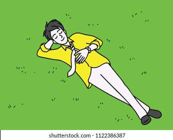 Top view of happy man, lying down on grass ground, smiling and relaxing in break time. Outline, linear, thin line art, hand drawn sketch design, simple style.