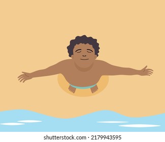 Vista superior de un hombre feliz en la playa, ilustración plana vectorial.