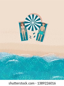 top view of happy man and woman lie on the beach on the chaise lounges under the sun umbrella. newlyweds on vacation at sea. Vector image of sun loungers, parasol, sunbathing people, lying flip flops.