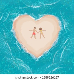 top view of happy man and woman lie on the sand on a heart shaped island. Smiling newlyweds on vacation at sea. lovers alone on an island in the middle of the sea.