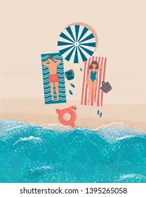 Top View Of Happy Man And Woman Lie On The Beach On Towels Under The Sun Umbrella. Newlyweds On Vacation At Sea. Vector Image Of Towels, Sunbathing People, Flip Flops, Backpack, Bag, Swimming Circle.