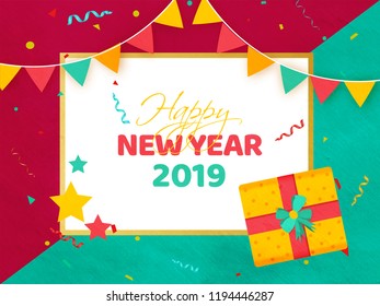 Top view of Happy New Year background decorated with gift box, stars and colorful party flags for celebration concept.
