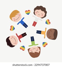 Vista superior de la gente feliz en círculo, símbolo de amor, aceptación e inclusión. Ilustración vectorial con fondo plano y corazones con colores arcoiris, representando la diversidad de género en el Día del Orgullo LGBT