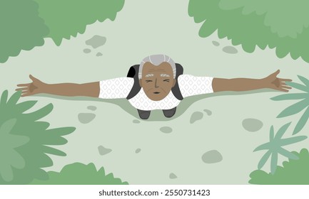 Vista superior de un adulto mayor feliz que respira aire fresco en la naturaleza mientras hace senderismo, Ilustración vectorial plana.