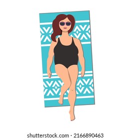 Top view of happy sunbathing woman on the beach sun. Plus size lady relax and tanning. Flat style vector isolated illustration.
