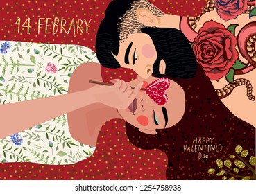 
Top view of happy young couple, cute vector drawn card for Valentine's Day by February 14, declaration of love, illustration of lovers, man and woman with a lollipop in the shape of a heart