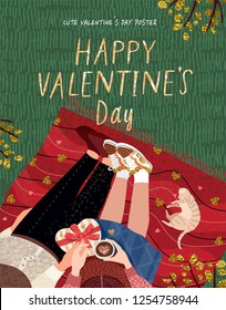 
Top view of happy young couple, cute vector drawn card for Valentine's Day by February 14 , young family with pet cat sits on a plaid on the grass, drinks coffee and gives gifts