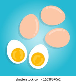 Top view of hard boiled egg and whole egg in brown shell. Isolated on blue background. Vector illustration