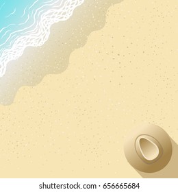 Top view of hat on the sand beach flat design vector illustration and background