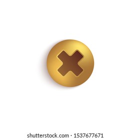 Top view head of golden screw or bolt metal with cross-cut 3d realistic vector illustration isolated on a white background. Hardware components for construction design.