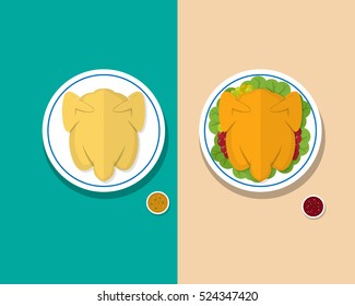 Top view Headless Steamed chicken and Roasted duck