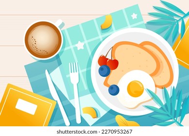 Top view of healthy delicious breakfast with bread, eggs and nutritious salad on tablecloth and plants background, vector illustration