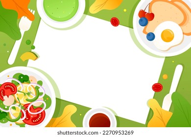 Top view of healthy delicious breakfast with bread, eggs and nutritious salad on tablecloth and plants background, vector illustration