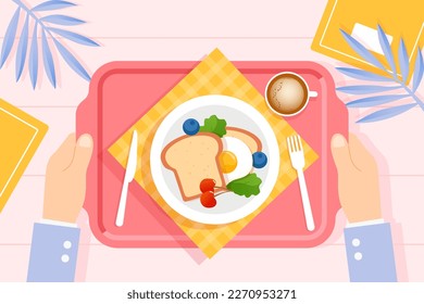 Top view of healthy delicious breakfast with bread, eggs and nutritious salad on tablecloth and plants background, vector illustration