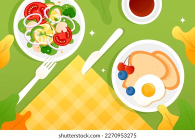 Top view of healthy delicious breakfast with bread, eggs and nutritious salad on tablecloth and plants background, vector illustration