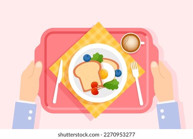 Top view of healthy delicious breakfast with bread, eggs and nutritious salad on tablecloth and plants background, vector illustration