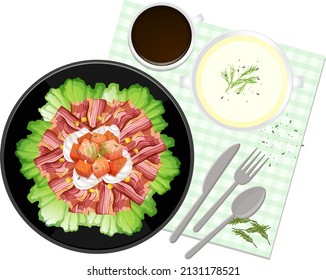 Top view Healthy salad and placemat on white background  illustration