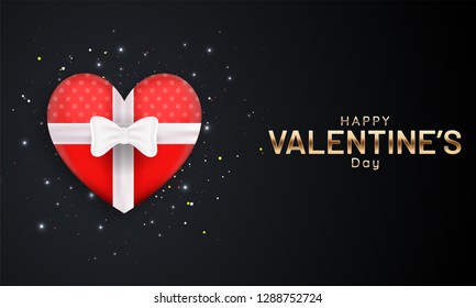 Top view of heart shape gift box on black background for Happy Valentine's Day poster or greeting card design.