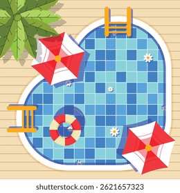 Top view of a heart-shaped pool with lifebuoys, daisies, umbrellas, and tropical decor. Great for romantic summer and vacation themes.