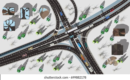 Top view high speed autobahn with cars and trucks in winter with white snow