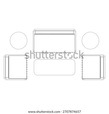 The top view highlights the spatial arrangement from above. The sofa is positioned horizontally at the top of the layout, with two side tables aligned on both sides.