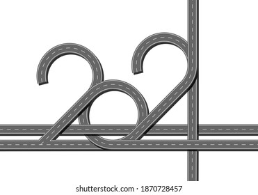 Top view highway with 2021 figures. Numbers of year in shape road. Vector illustration