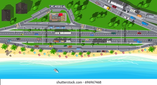 Top view highway with camping and fast food cafe near the sea