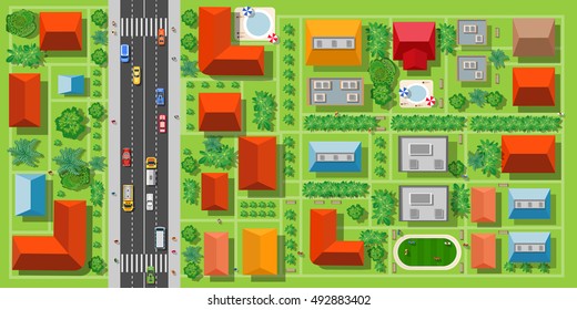 Top view of a highway in the city with houses trees and streets