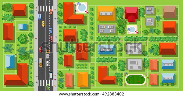 Top View Highway City Houses Trees Stock Vector (Royalty Free) 492883402