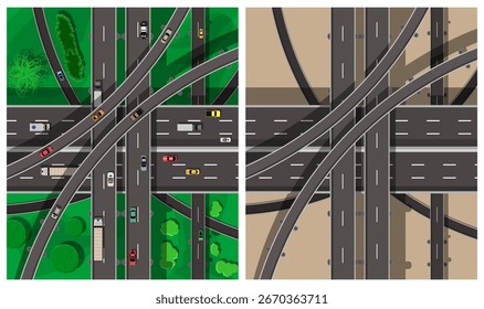 Top view of a highway interchange system. Road network, two variations: one with green landscape and one with dry land. City infrastructure design concept.