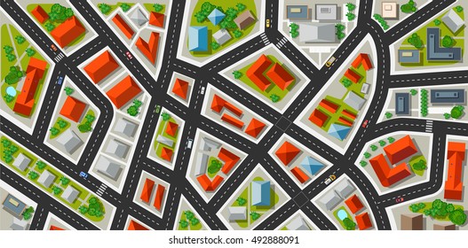 Top view of a highway junction and a traffic intersection in the city with houses, trees and streets