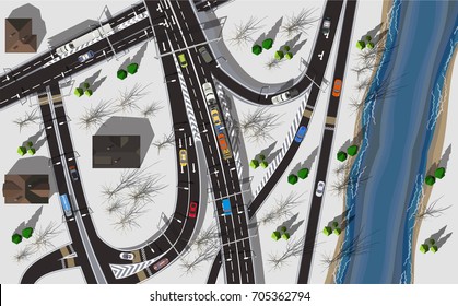 Top view highway near river in winter with grey snow