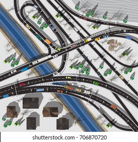 Top view highway next to a field and a river in winter with grey snow
