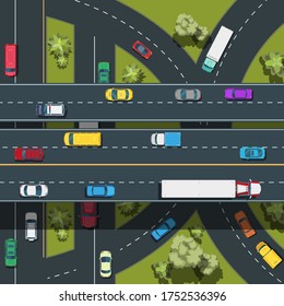 Top view of Highway road junctions.City transport top view .Landscape with trees top view.Cars, buses, trucks on the road .vector illustration.