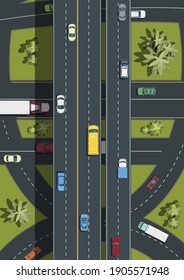 Top View Of Highway Road Junctions.City Transport Top View .Landscape With Trees Top View.Cars, Buses, Trucks On The Road .vector Illustration.	