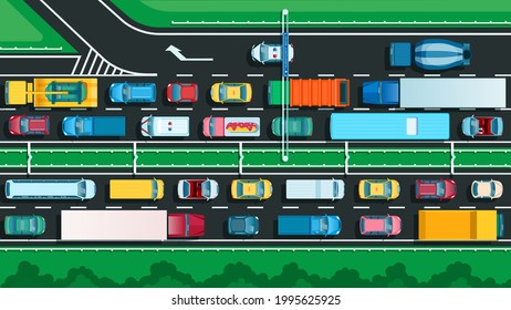 Top view highway with traffic jam. Many different cars on city street. Transportation problem, urban transport on jammed road vector illustration. Vehicles moving slowly on way lanes