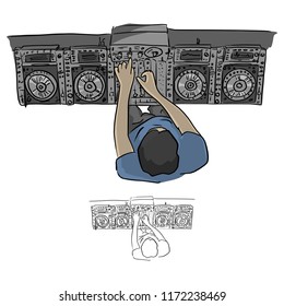 Top view hip hop DJ scratches turntables vector illustration sketch doodle hand drawn with black lines isolated on white background