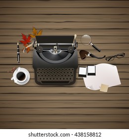 Top view of Hipster theme still life. Typewriter and other objects. 