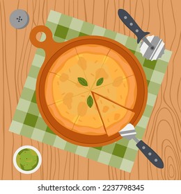 Vista Superior De La Pizza Casera 4 Quesos Con Cuchillo. Cocina, Comer La Ilustración Del Vector En Estilo Plano