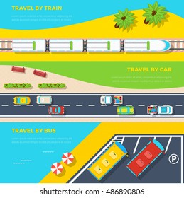 Top view horizontal banners of three ways to travel by train car and bus flat vector illustration