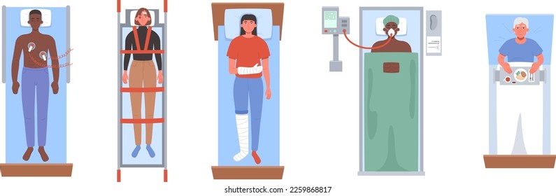 Pacientes hospitalarios de primera vista. Desfibrilación, carrito de ambulancia, persona con fracturas, cirugía y paciente de edad avanzada con alimentos en el conjunto de vectores de bandeja. Personajes masculinos y femeninos con diagnóstico diferente